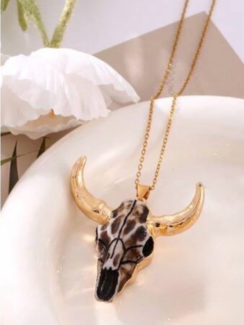 Western Necklace Gold and Brown Bull Skull Pendant Necklace